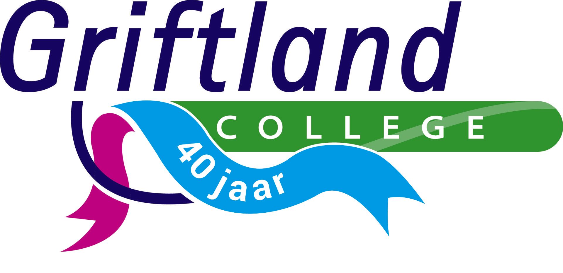 Logo van Griftland College met blauwe tekst, groene en cyaankleurige linten en de tekst '40 jaar', ter ere van een jubileum.