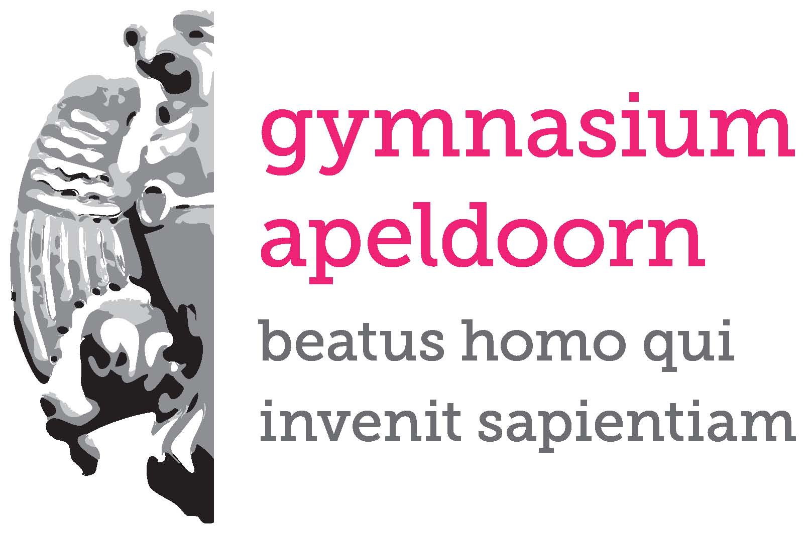 Logo van Gymnasium Apeldoorn: roze tekst, grijze illustratie van een figuur, Latijns motto.