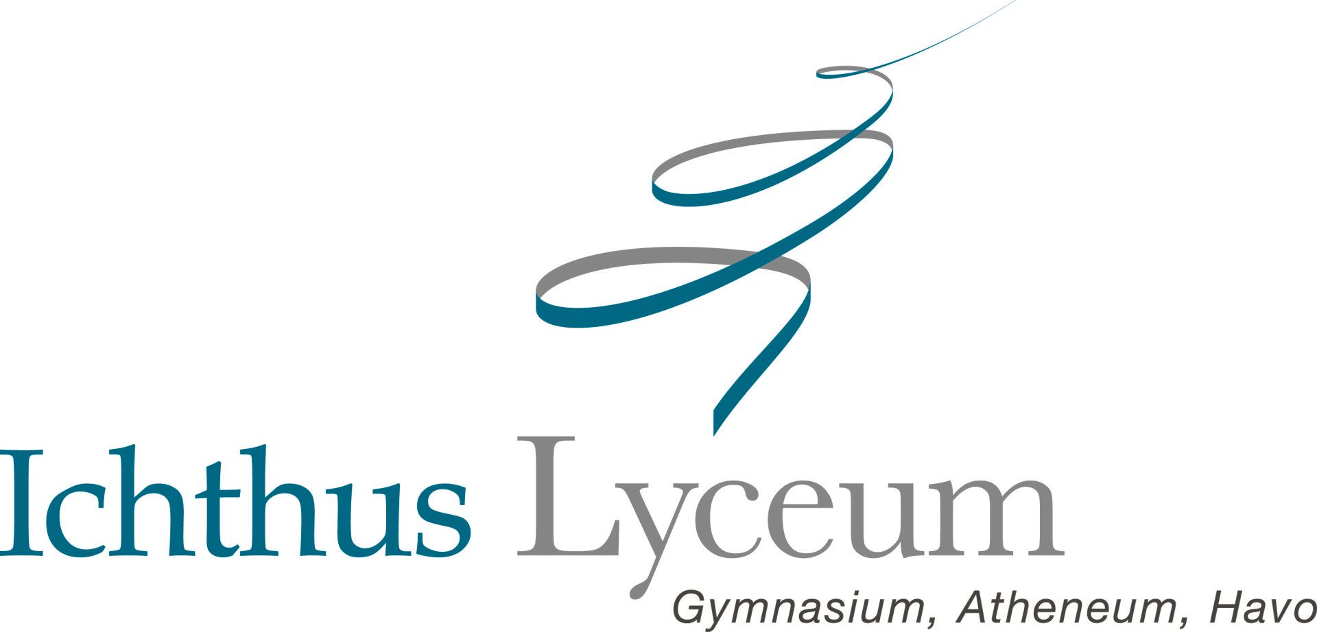 Logo voor Ichthus Lyceum: tekst in groen en grijs, blauwgroene wervelende afbeelding.