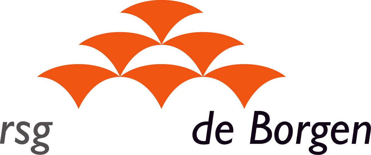 Oranje geometrisch logo boven de tekst 