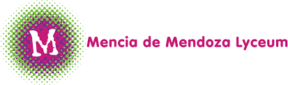 Logo van het Mencia de Mendoza Lyceum: een paarse 'M' in een halftoonpatroon met groene stippen. Tekst rechts.