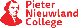 Rood logo van het Pieter Nieuwland College met een portret van een man.