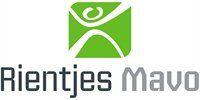 Logo van Rientjes Mavo, met een groen vierkant met een wit abstract figuur, en daaronder de naam.