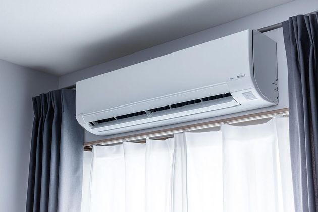 A white air conditioner is hanging from the ceiling next to a window.