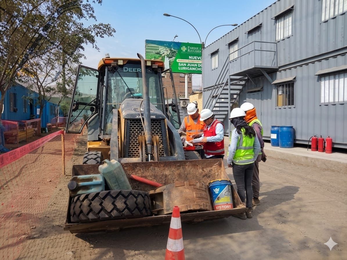 Trabajadores de construcción con cascos y chalecos de seguridad revisando planos junto a una retroexcavadora en una obra