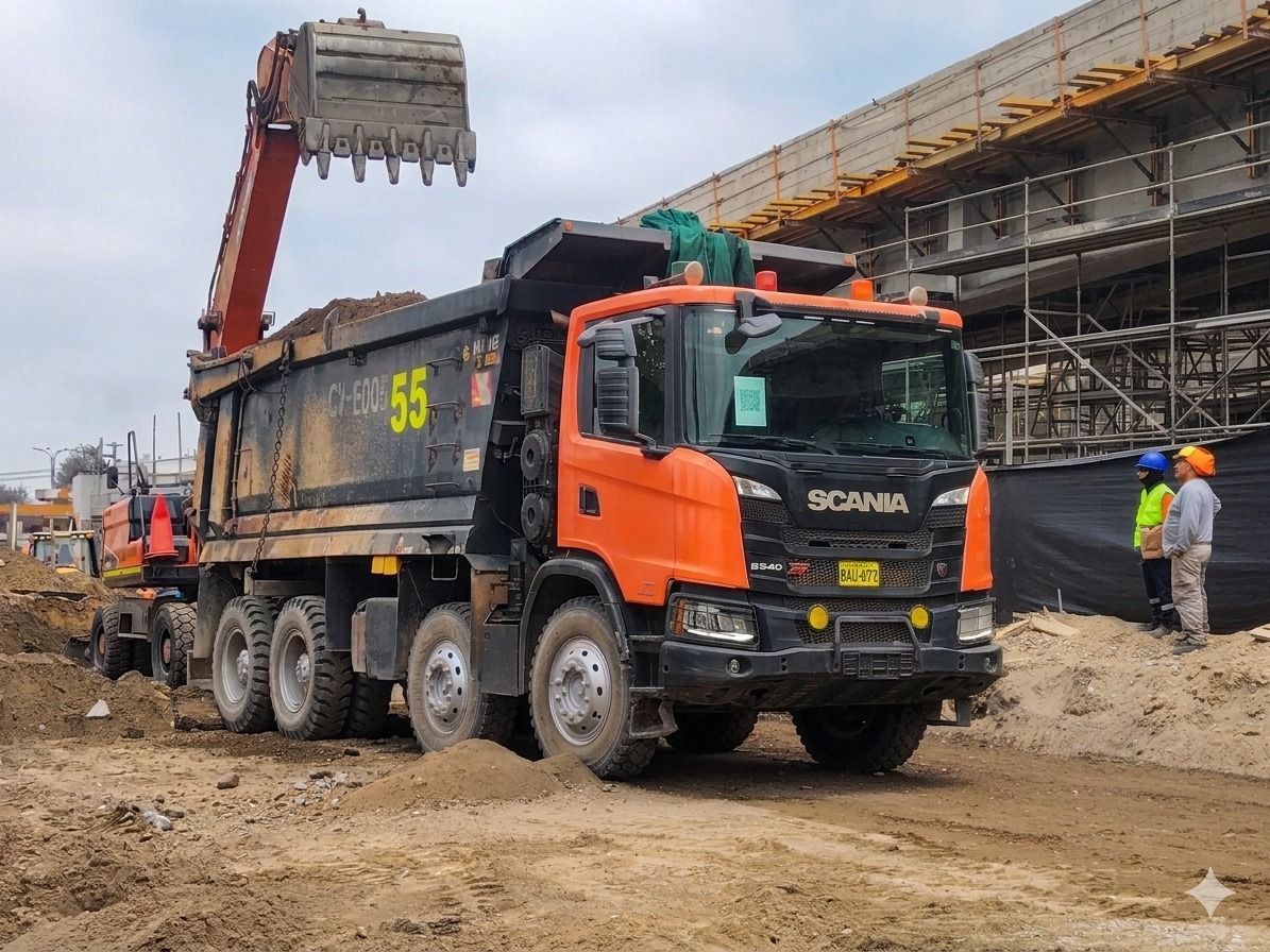 Camión volquete Scania de color naranja siendo cargado con tierra por una excavadora en una zona de construcción vial.