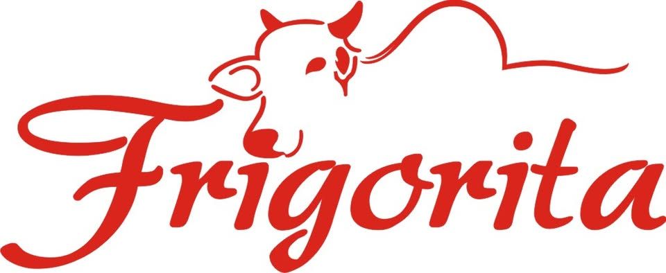 Um logotipo vermelho para frigorifica com uma vaca nele