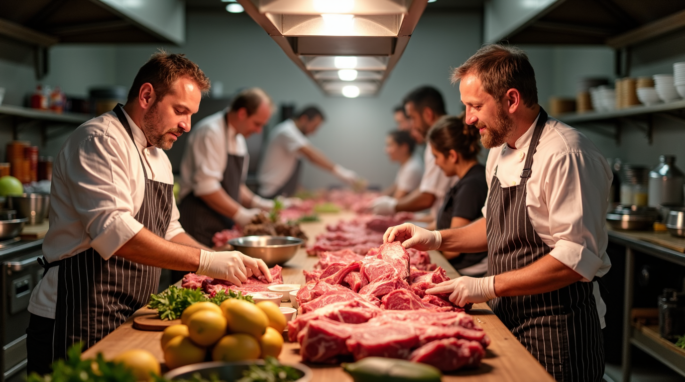 Um grupo de chefs está preparando carne em uma cozinha.