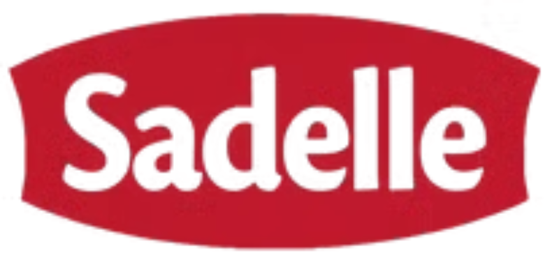 Um logotipo da Sadelle vermelho e branco em um fundo branco