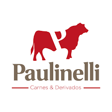 Um logotipo para paulinelli carnes & derivados com uma vaca em um fundo branco.
