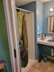 Small bathroom with a shower curtain, sink, mirror, and blue walls
