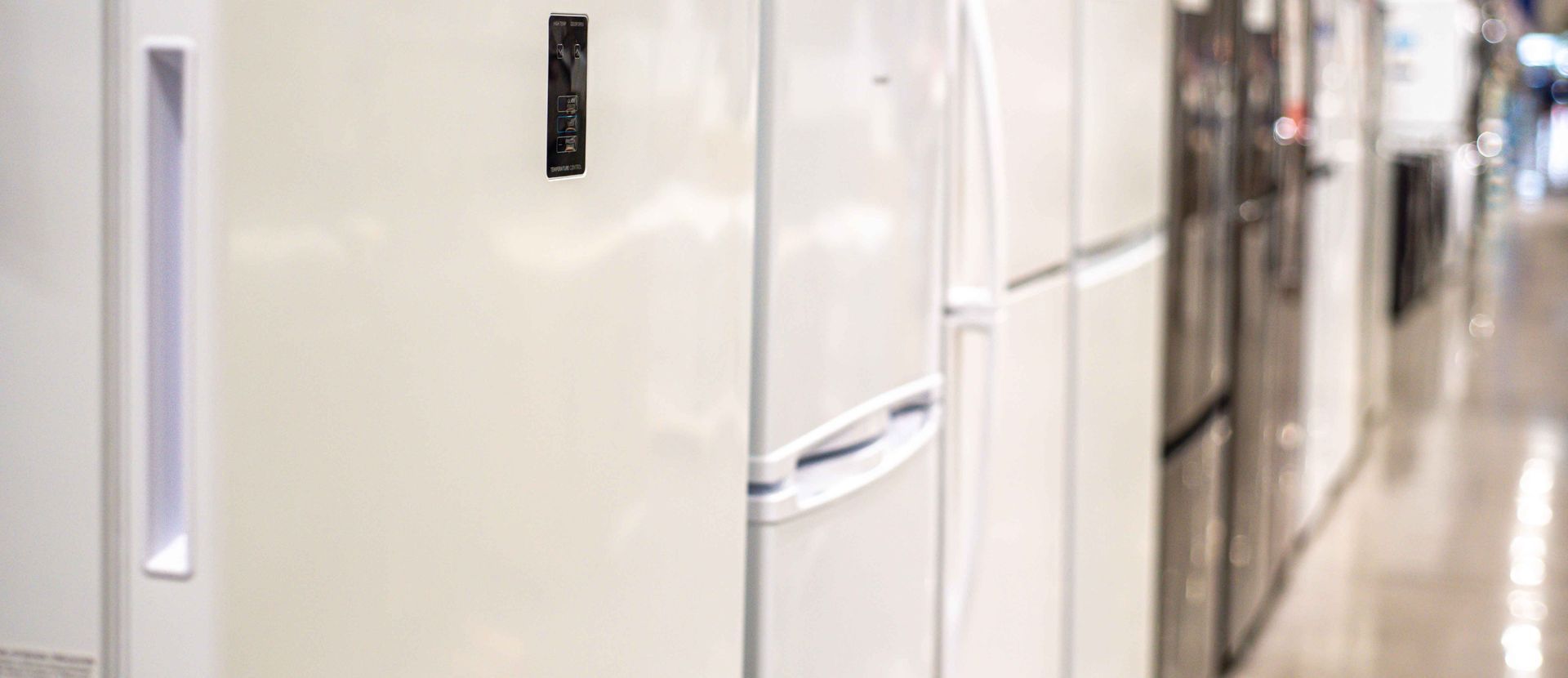 Des réfrigérateurs sont exposés dans un magasin d'électroménager. On peut voir des modèles blancs et en acier inoxydable.