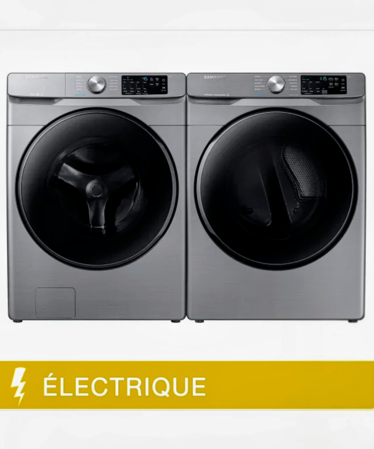 Laveuse et sécheuse Samsung grises avec une étiquette jaune « ÉLECTRIQUE » en bas.