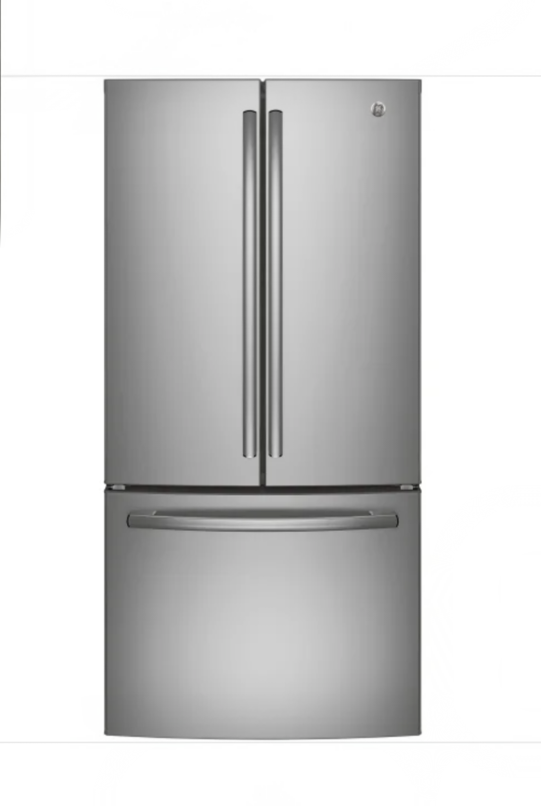 Réfrigérateur GE à portes françaises en acier inoxydable.