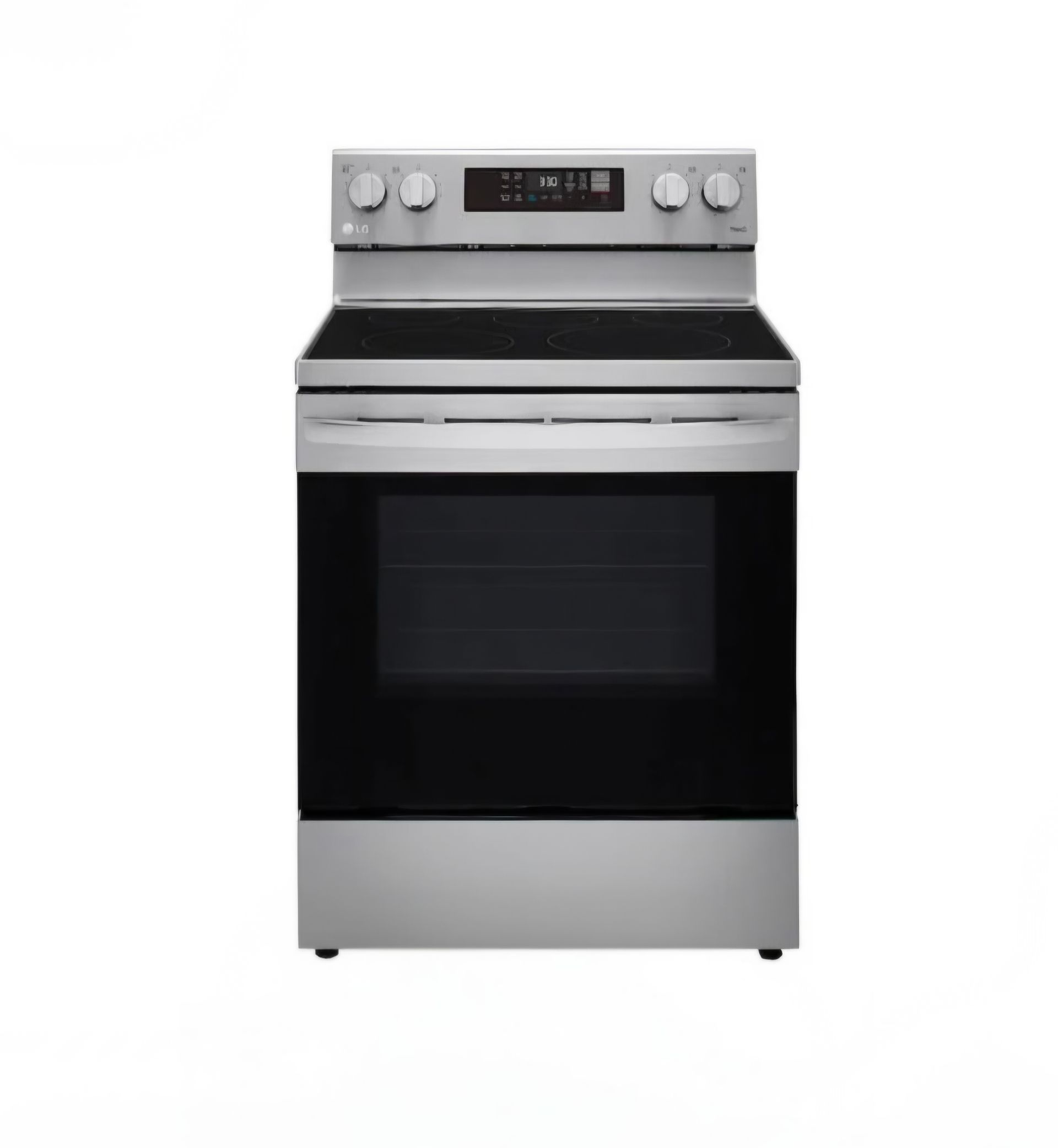 Cuisinière électrique LG en acier inoxydable avec plaque de cuisson et porte de four noires.