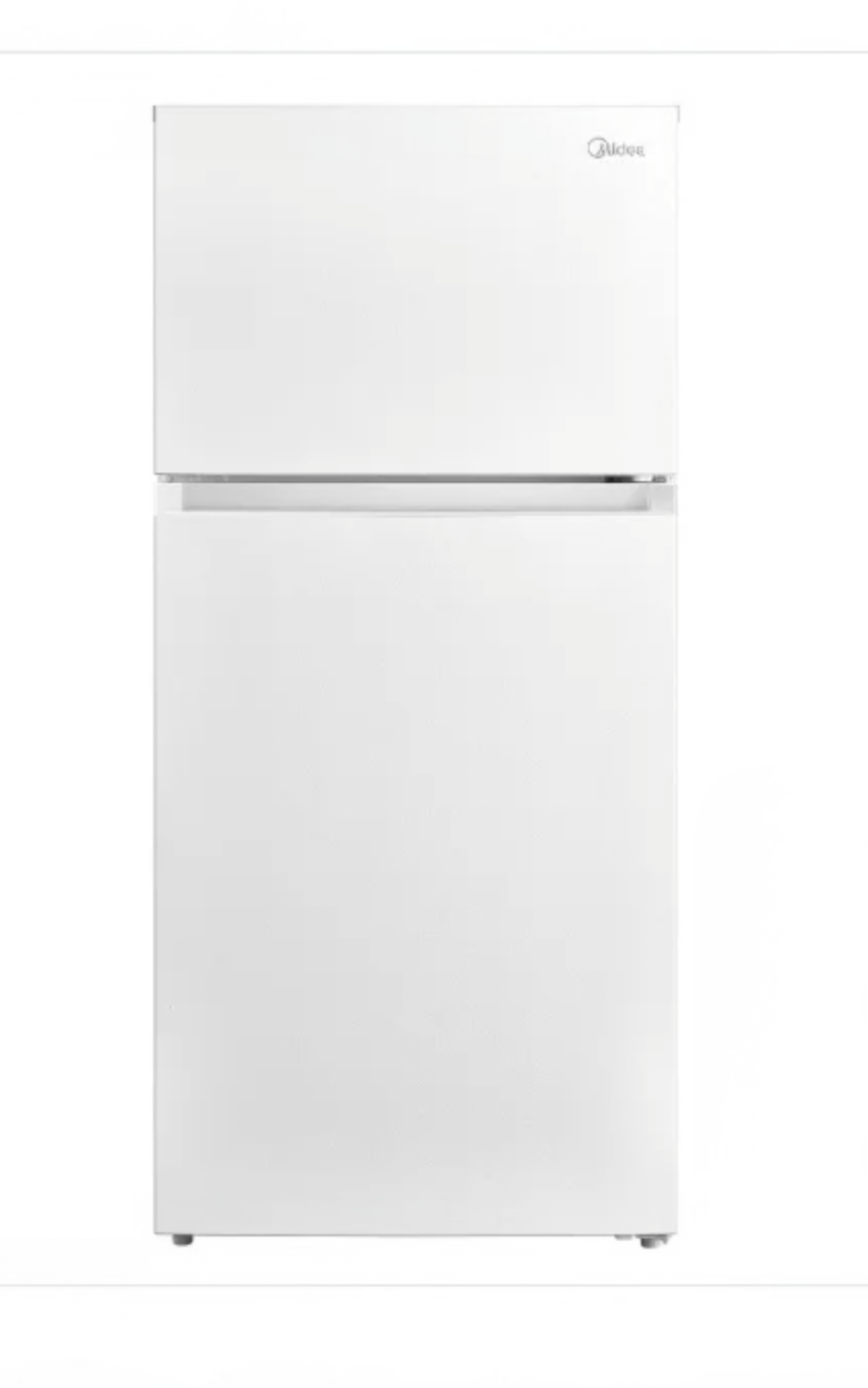 Réfrigérateur blanc à congélateur supérieur avec le logo Midea, placé verticalement sur fond blanc.