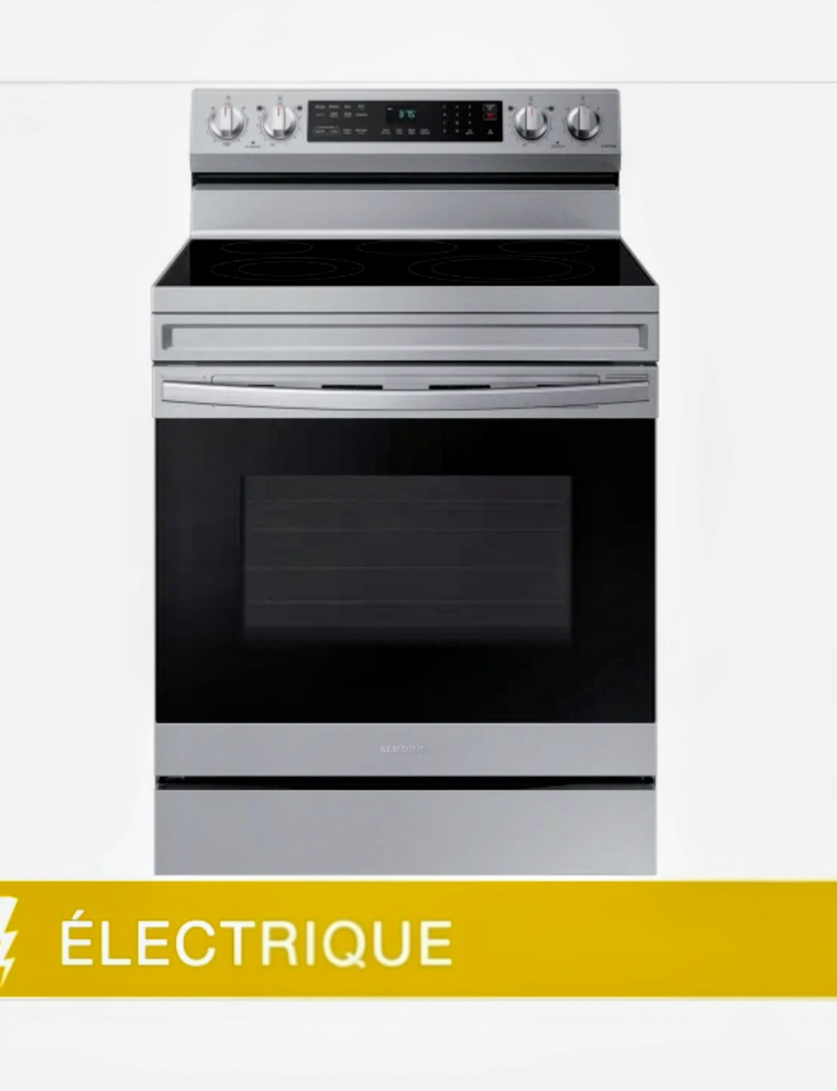 Cuisinière électrique en acier inoxydable avec porte de four et panneau de commande noirs.