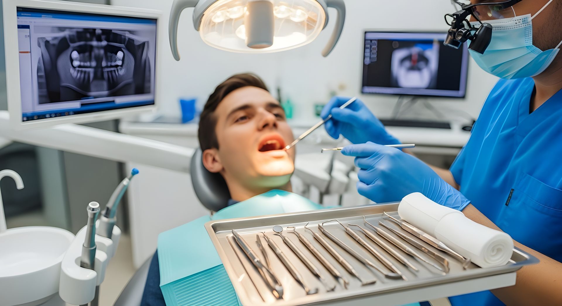 Close-up of a man undergoing a routine dental check-up at a general dentistry practice