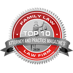 Attorney and Practice Magazine's Top 10 Family Law Firm award badge in red, silver, and black, 2020