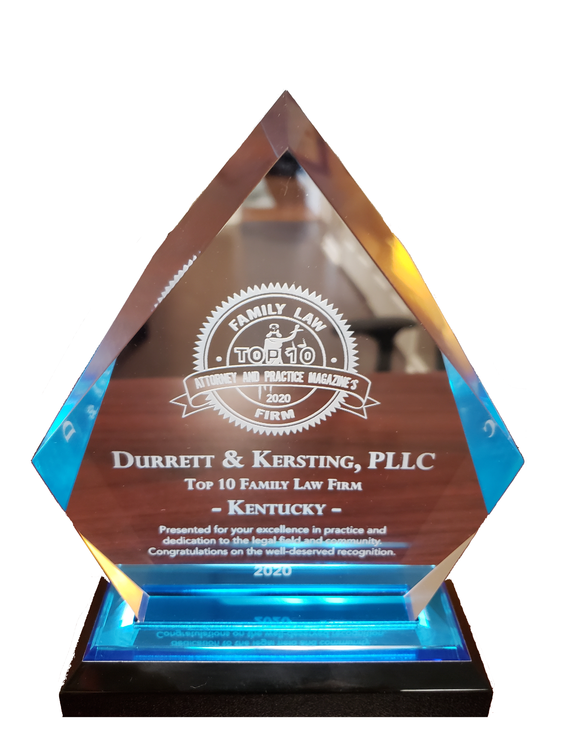 Crystal award plaque with blue base and engraved Durrett & Kersting, PLLC text