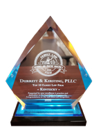 Crystal award plaque with blue base and engraved Durrett & Kersting, PLLC text