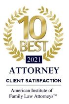 “10 Best” 2021 Attorney Client Satisfaction award badge with gold laurel wreath and blue ribbon.