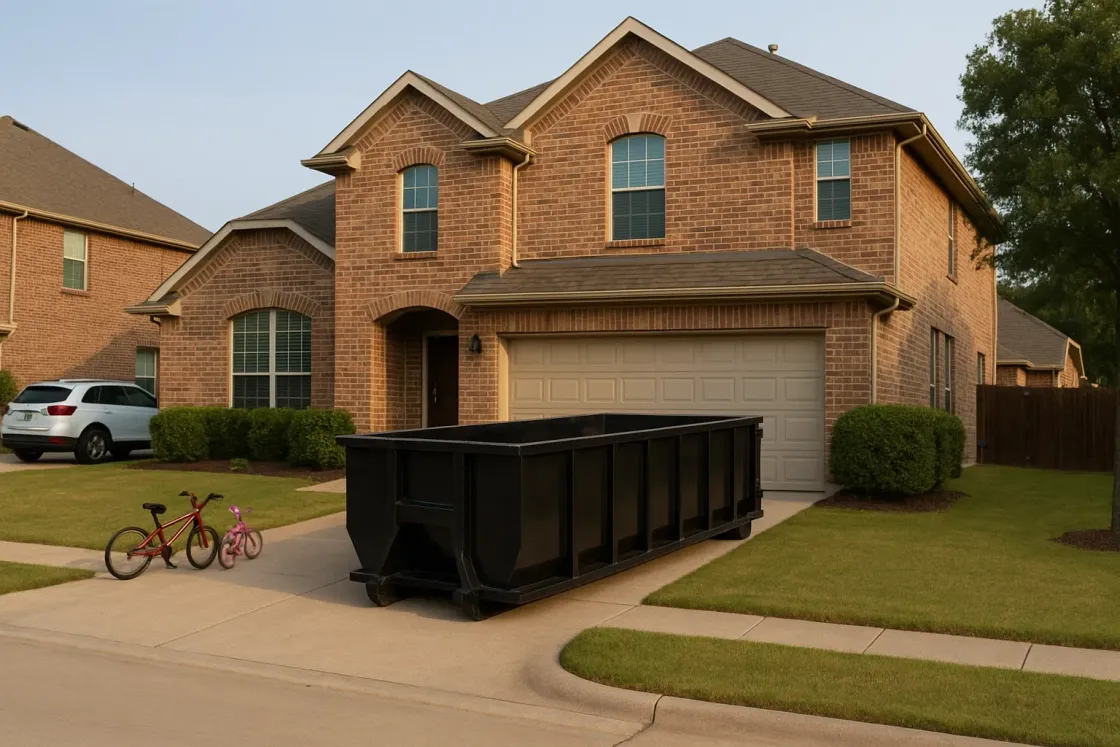 A black dumpster is sitting in the grass next to a tree.