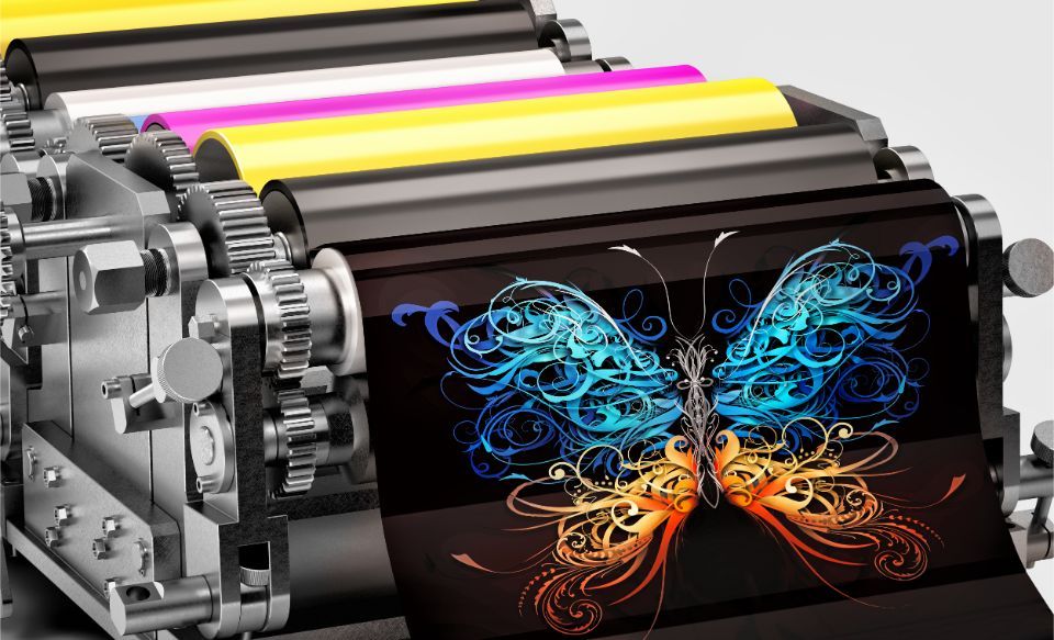 printing machine showing an abstract butterfly print