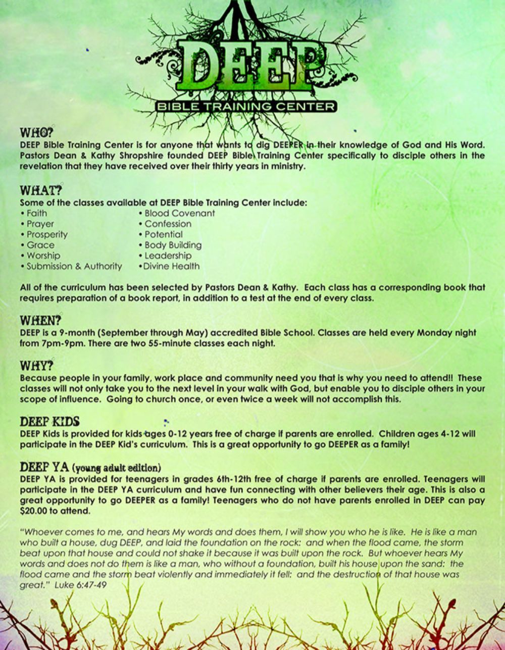 Deep Bible Training Center Flyer