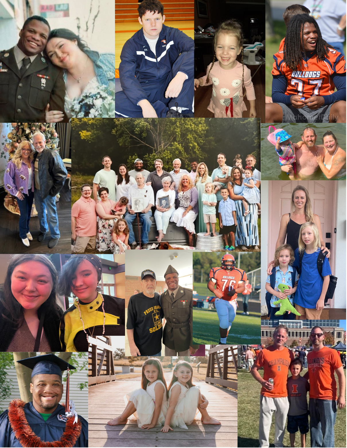 Portraits of various people: families, individuals, some in uniforms or athletic wear, smiling, posing.