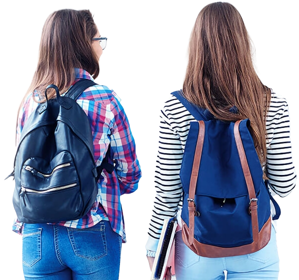 Two young women, backs to camera, wearing backpacks, one in plaid shirt, the other in stripes.