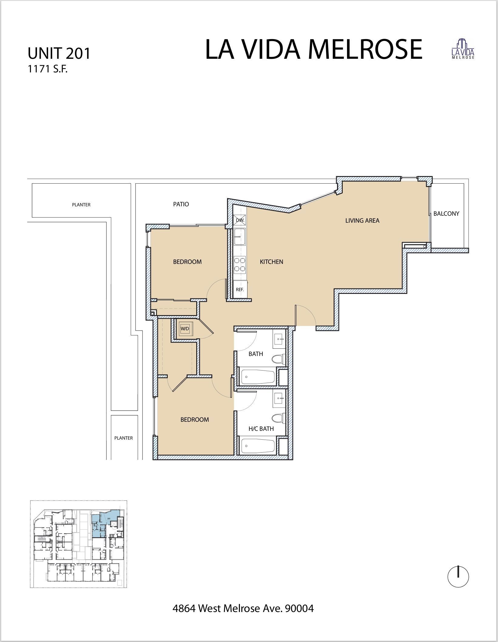 Floor plan of La Vida Melrose apartment with rooms in beige and gray.