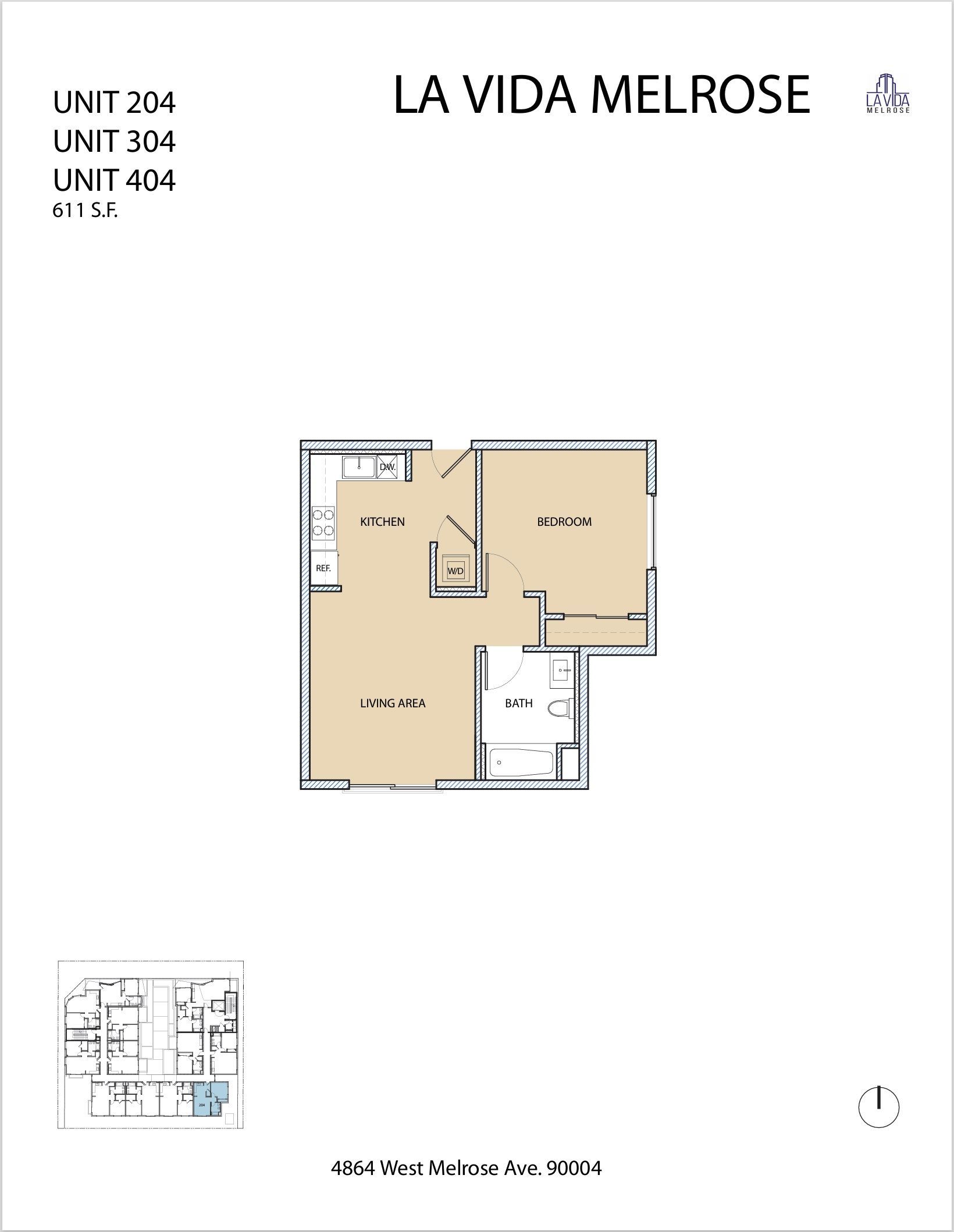 Floor plan of a unit at La Vida Melrose with kitchen, bedroom, and bathroom.