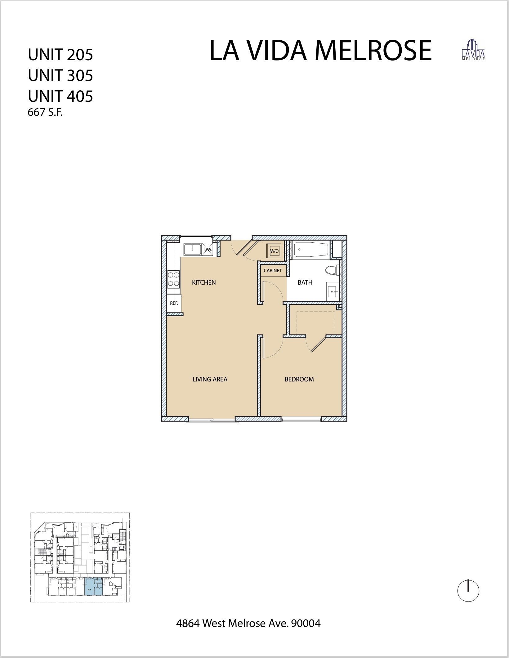 Floor plan of La Vida Melrose unit 303 or 405, beige interior. Includes living area, bedroom, bathroom, and kitchen.