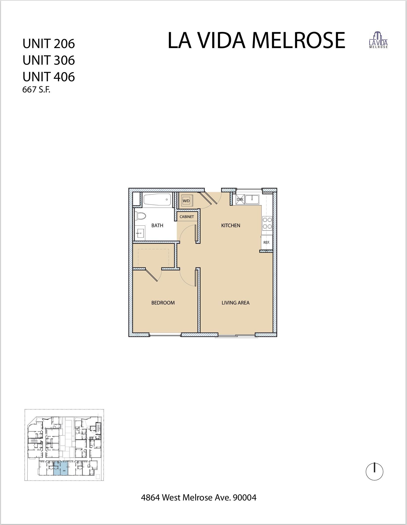 Floor plan for La Vida Melrose units 305 and 405. Contains a bathroom, bedroom, and kitchen/living space.