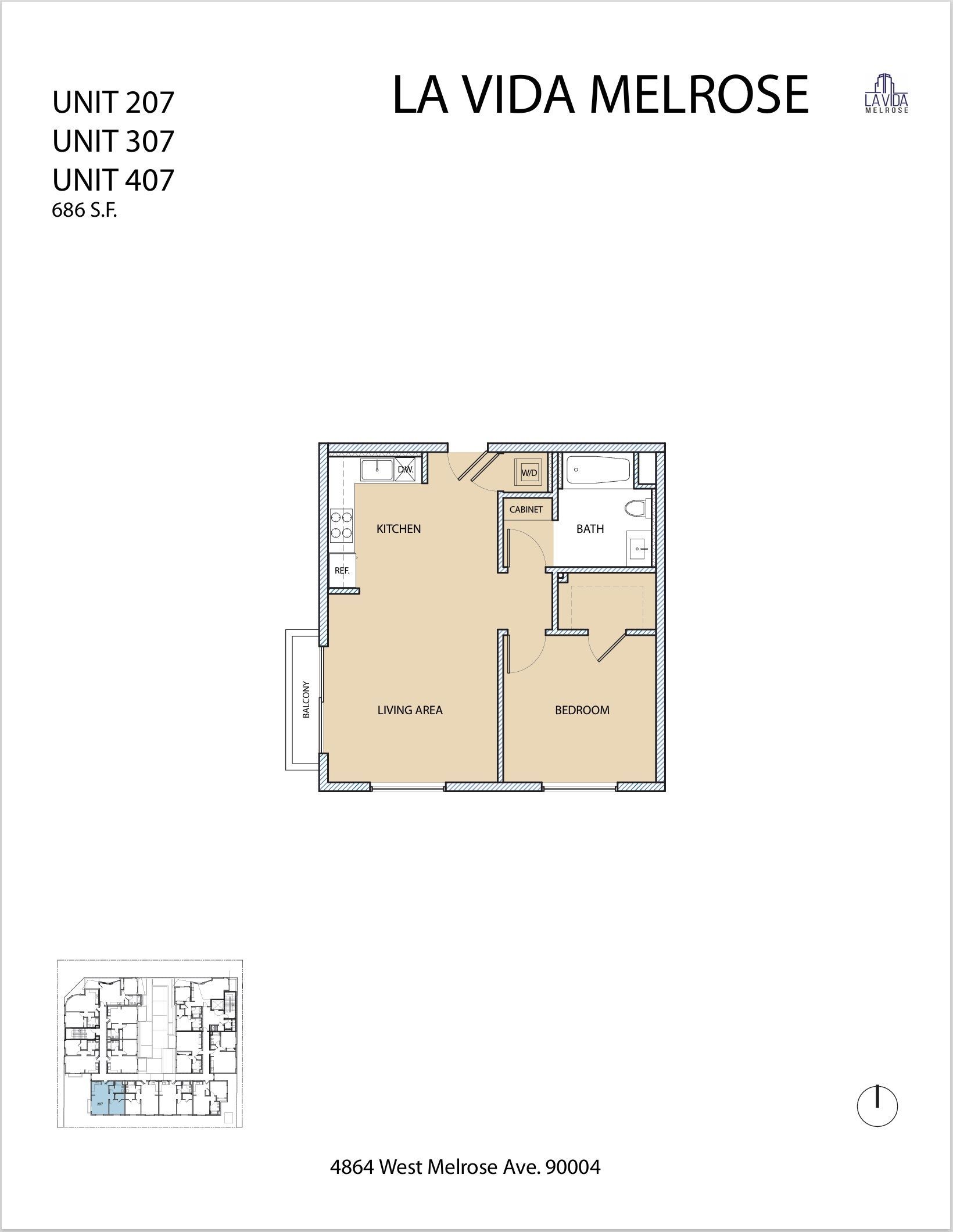 Floor plan for units 202, 307, 407, and 502 at La Vida Melrose.