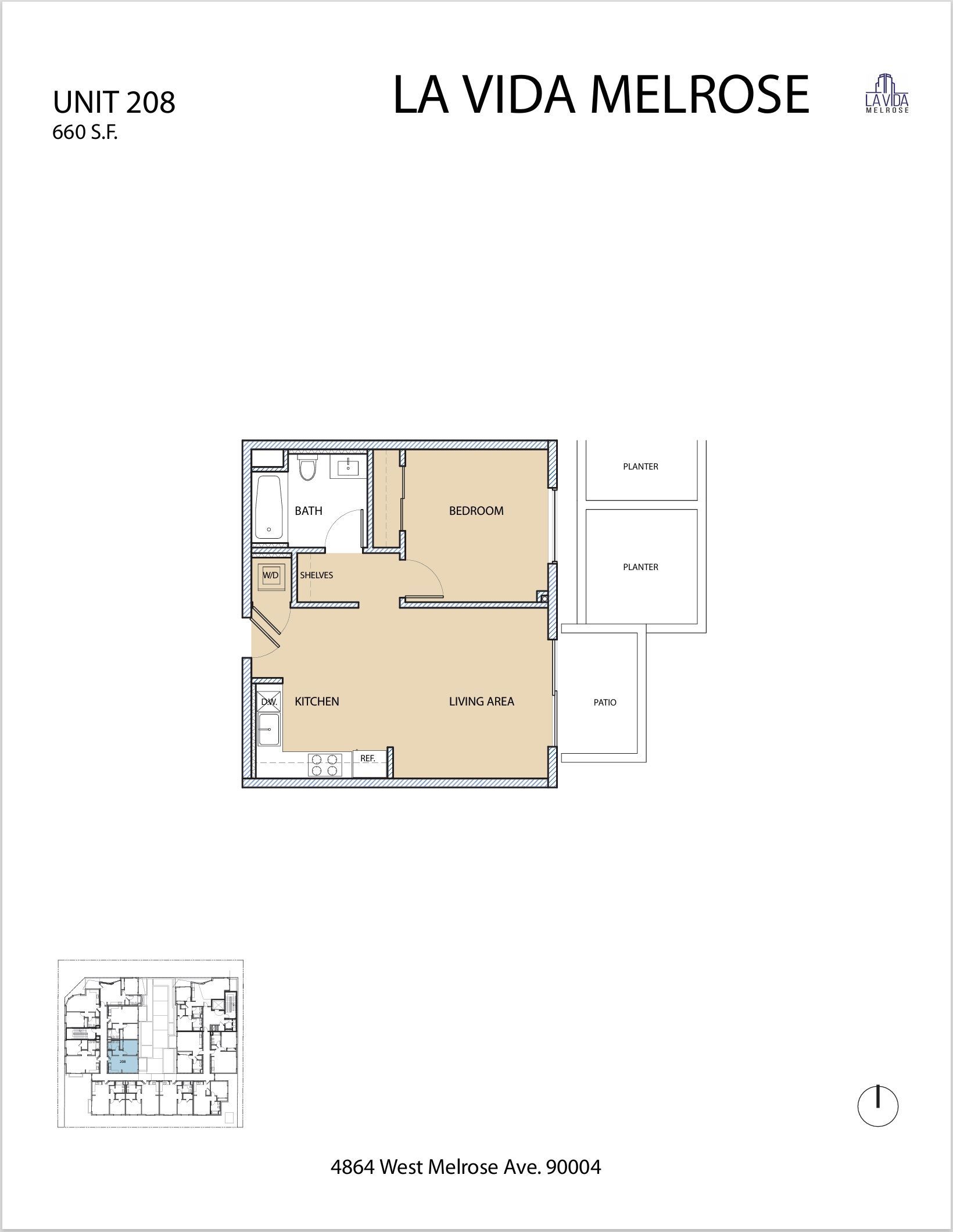 Floor plan of a unit at La Vida Melrose with two rooms, a bathroom, and a small entry area.