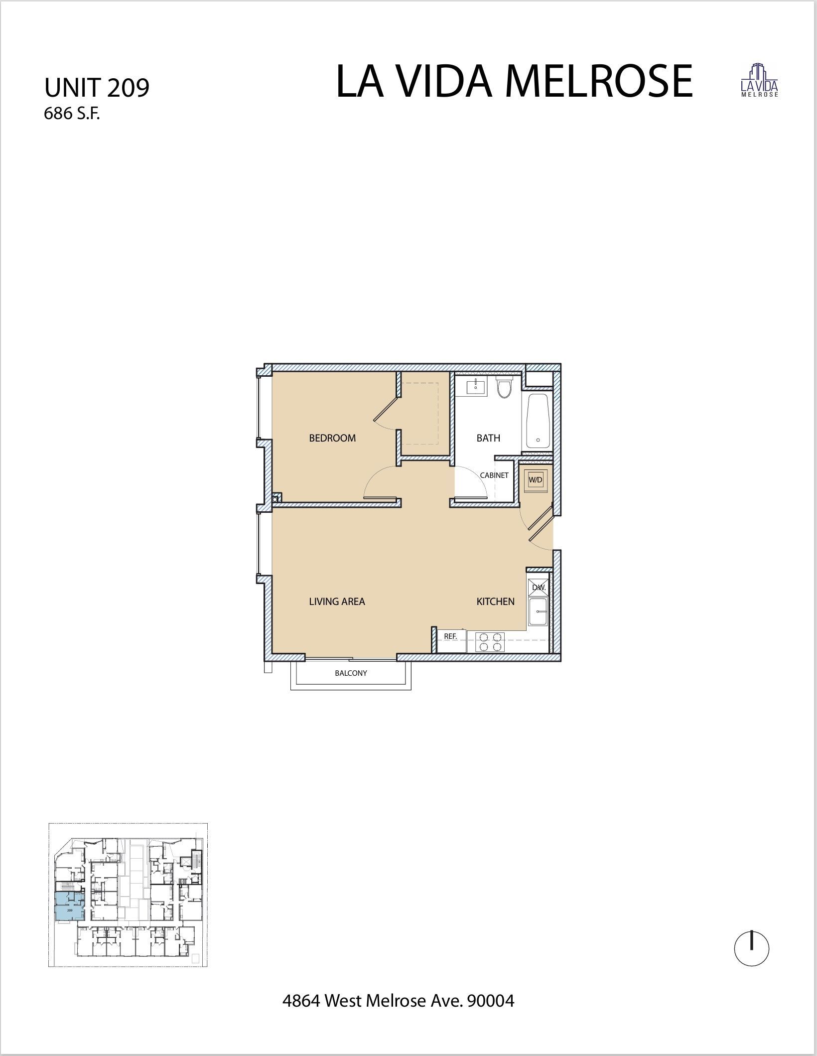 Floor plan for Unit 256 at La Vida Melrose. Features living, dining, kitchen, and bathroom spaces.