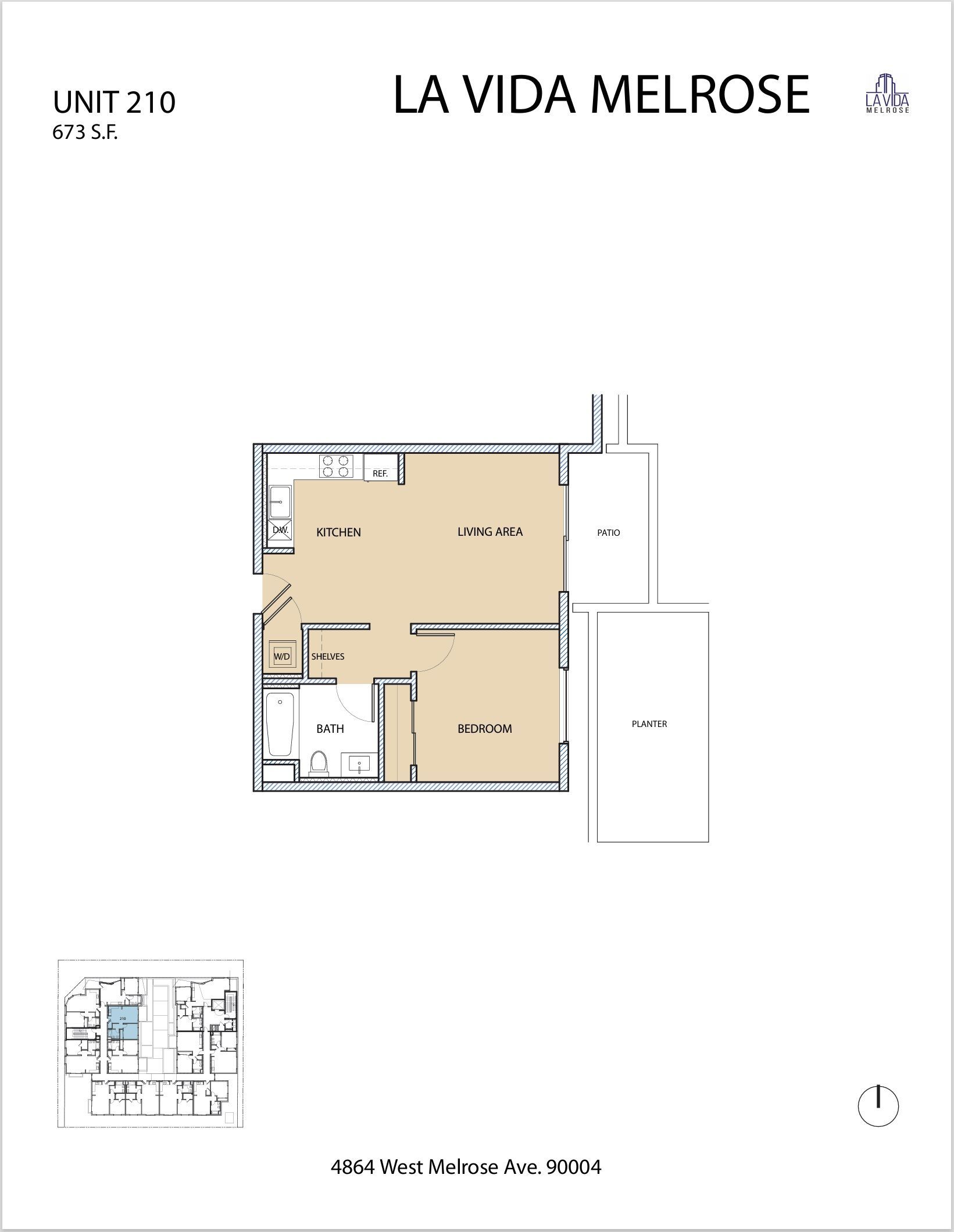 Floor plan of a unit at La Vida Melrose with the living area, bedroom, and bathroom.