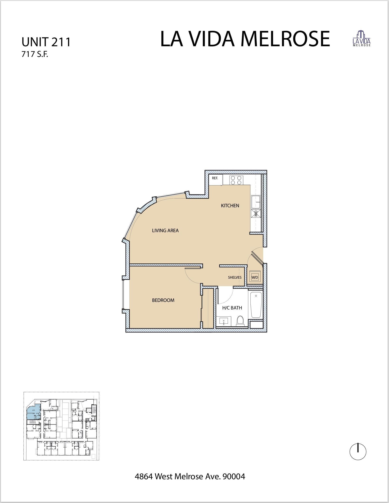 Floor plan of unit 211 at La Vida Melrose. Beige walls, gray borders. Includes living area, bathroom, and bedroom.