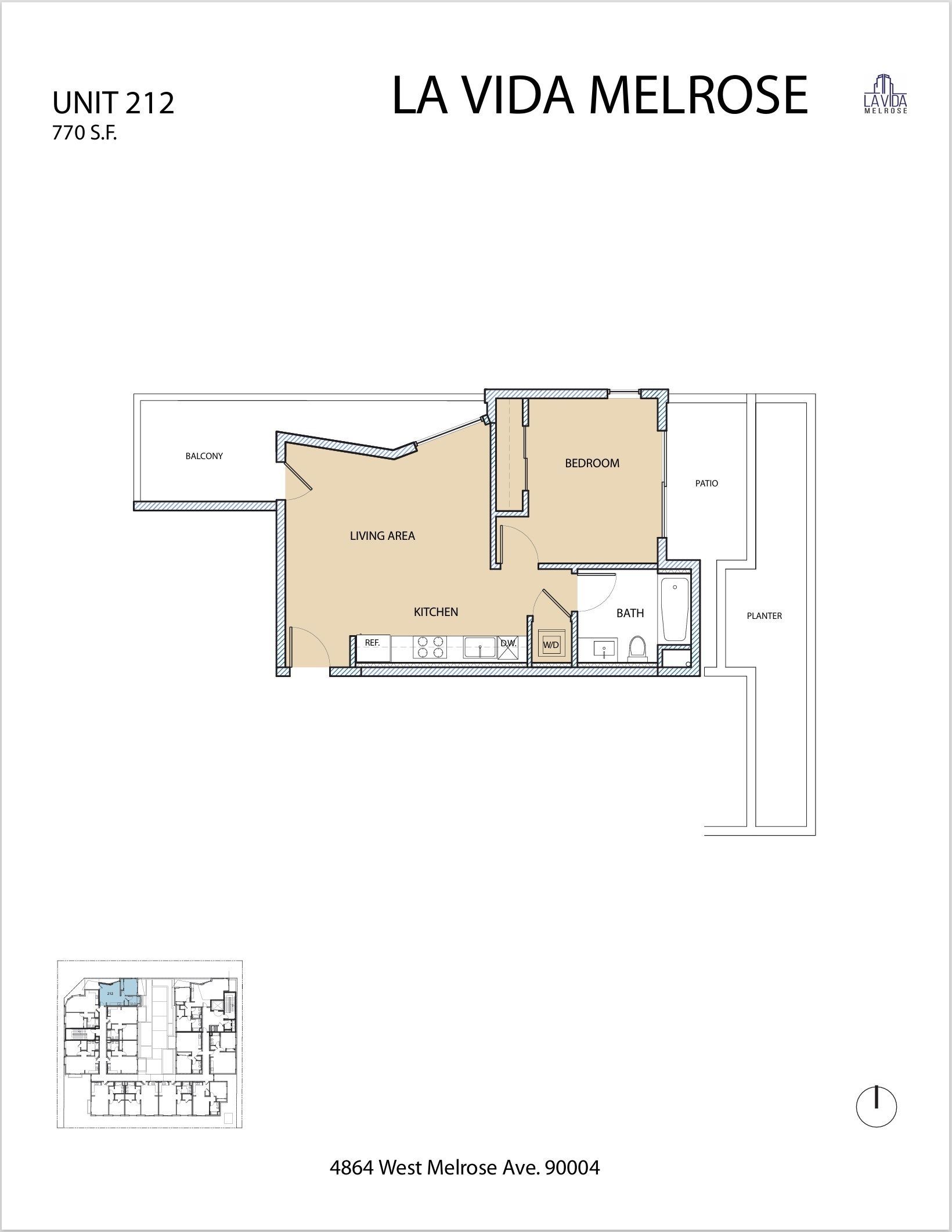 Floor plan of La Vida Melrose apartment unit. Contains kitchen, bedroom, bath, and patio.