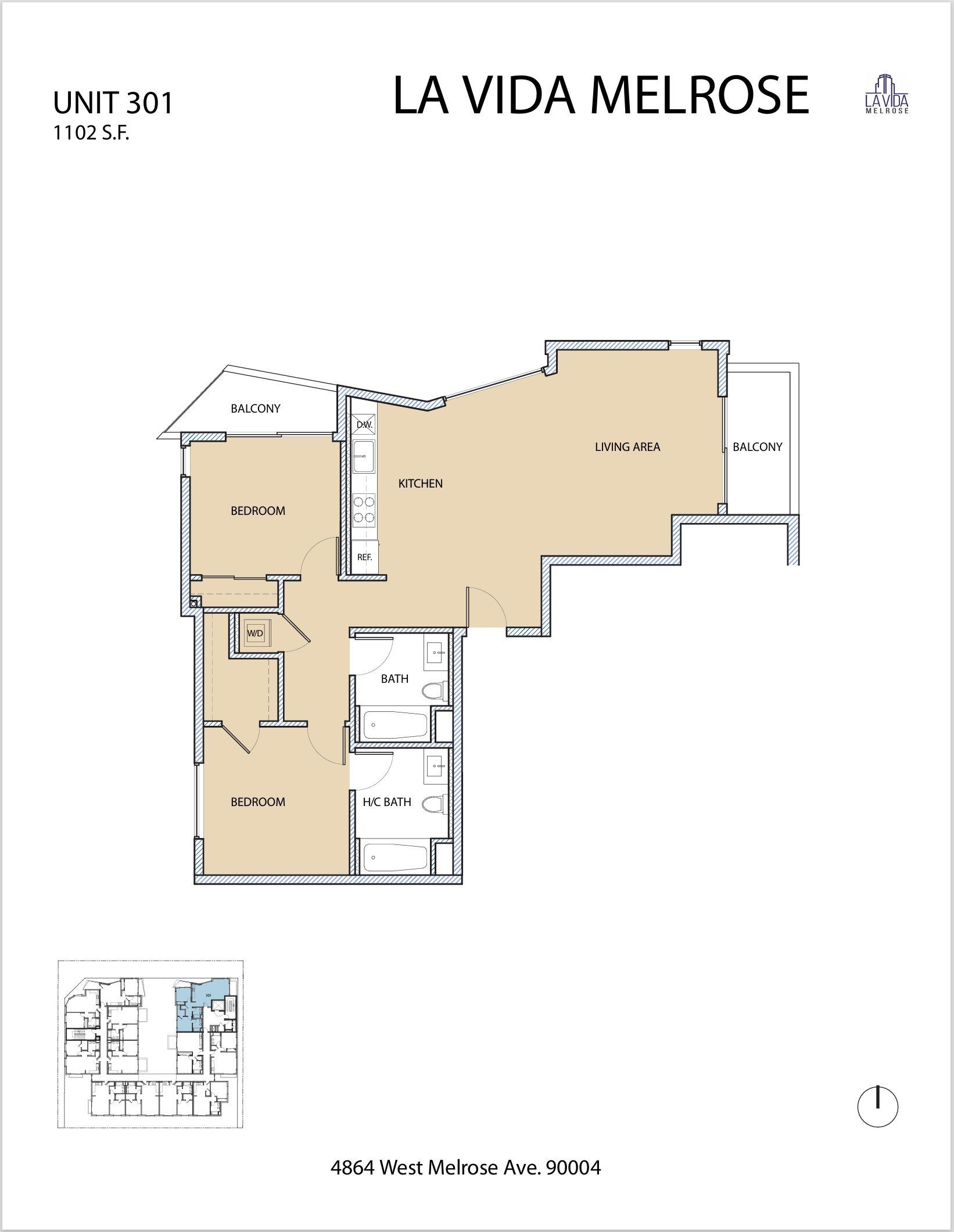 Floor plan of La Vida Melrose apartment unit. Includes bedroom, living area, and kitchen layout.