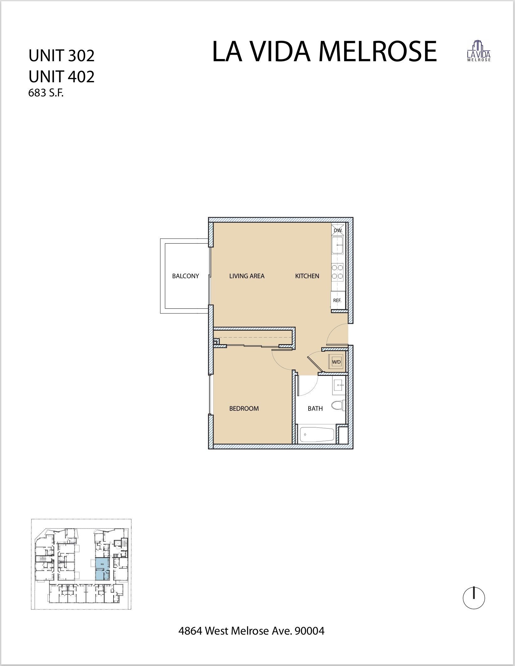 Floor plan of La Vida Melrose unit 302/402, with living, dining, and bedroom spaces labeled.