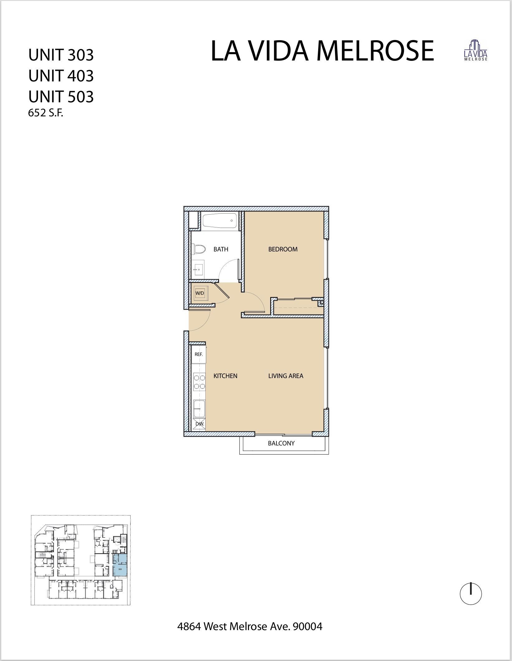 Floor plan for La Vida Melrose apartments, Unit 103, with neutral color scheme.