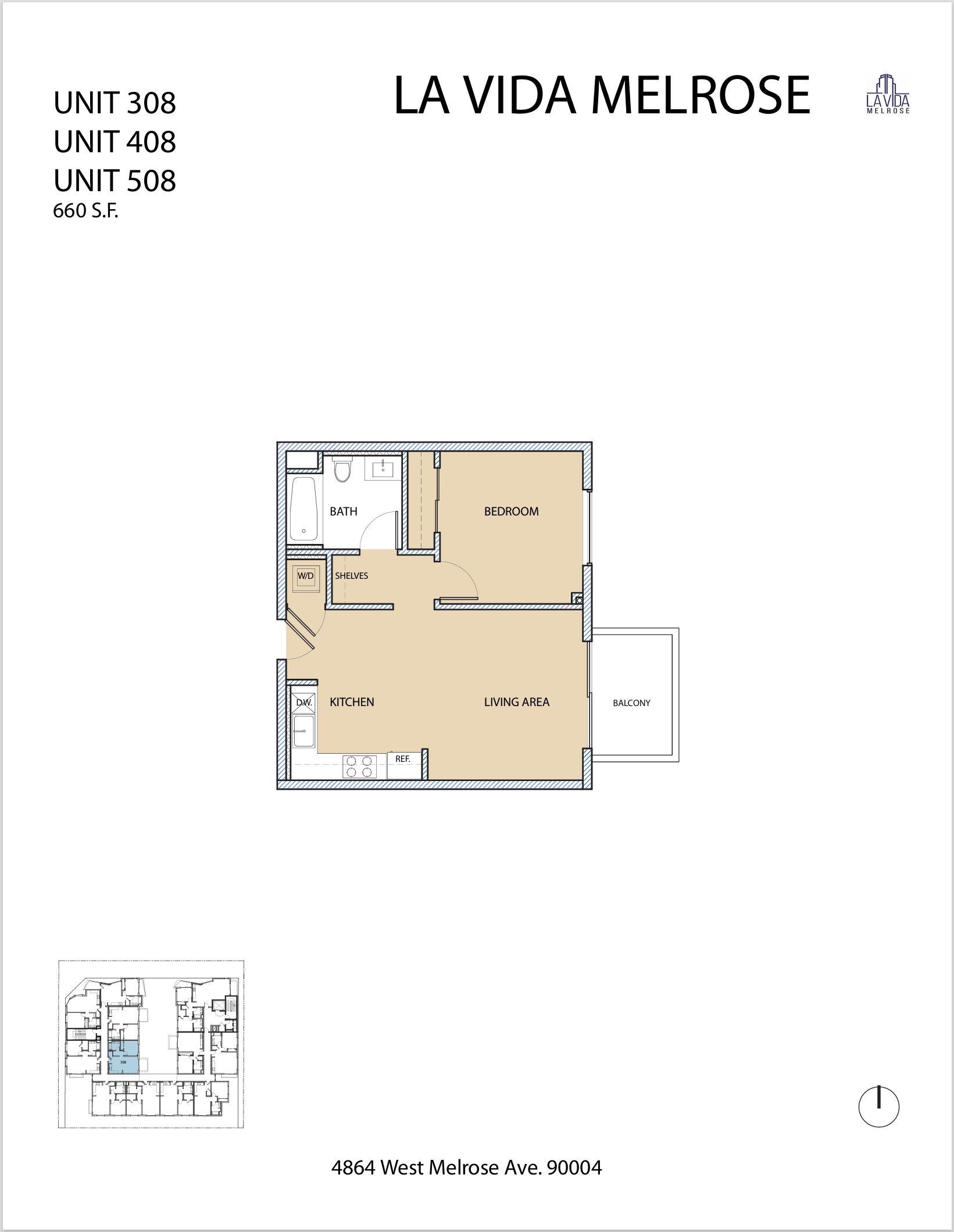 Floor plan for La Vida Melrose units. Features kitchen, bathroom, living area, and balcony, with two smaller unit diagrams.