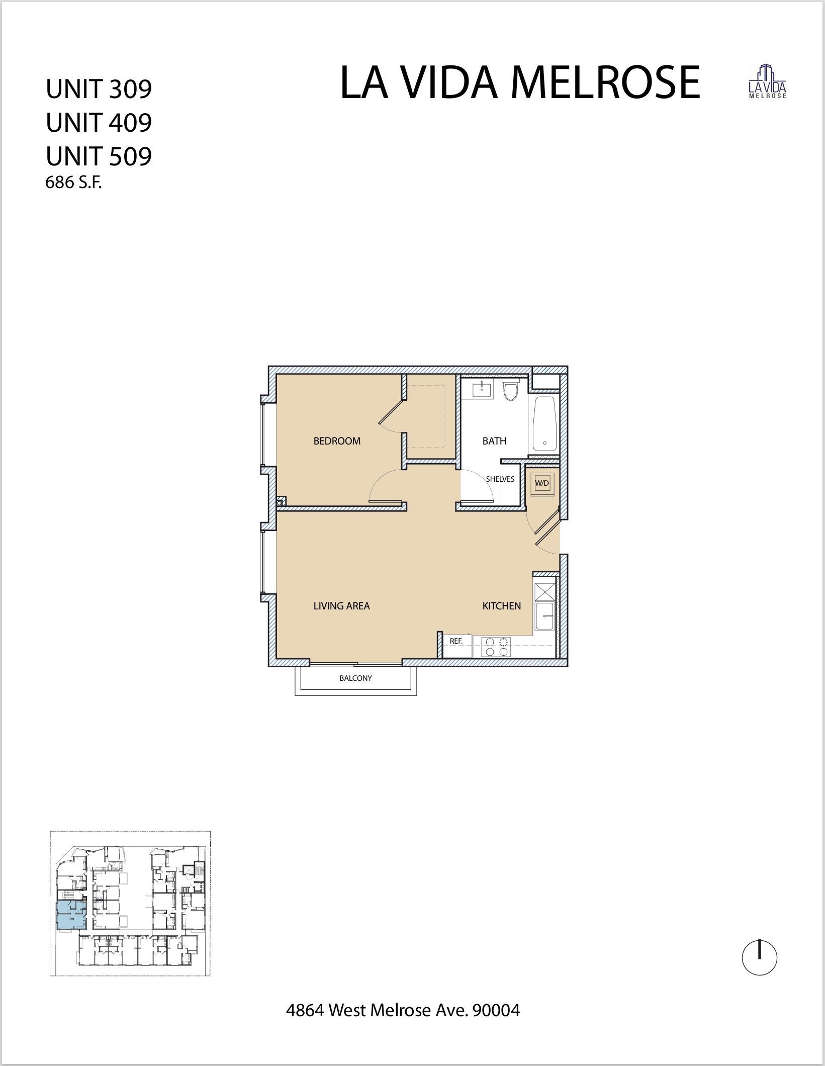 Floor plan for La Vida Melrose units 303, 403, and 503; beige, rectangular layout with labeled rooms.