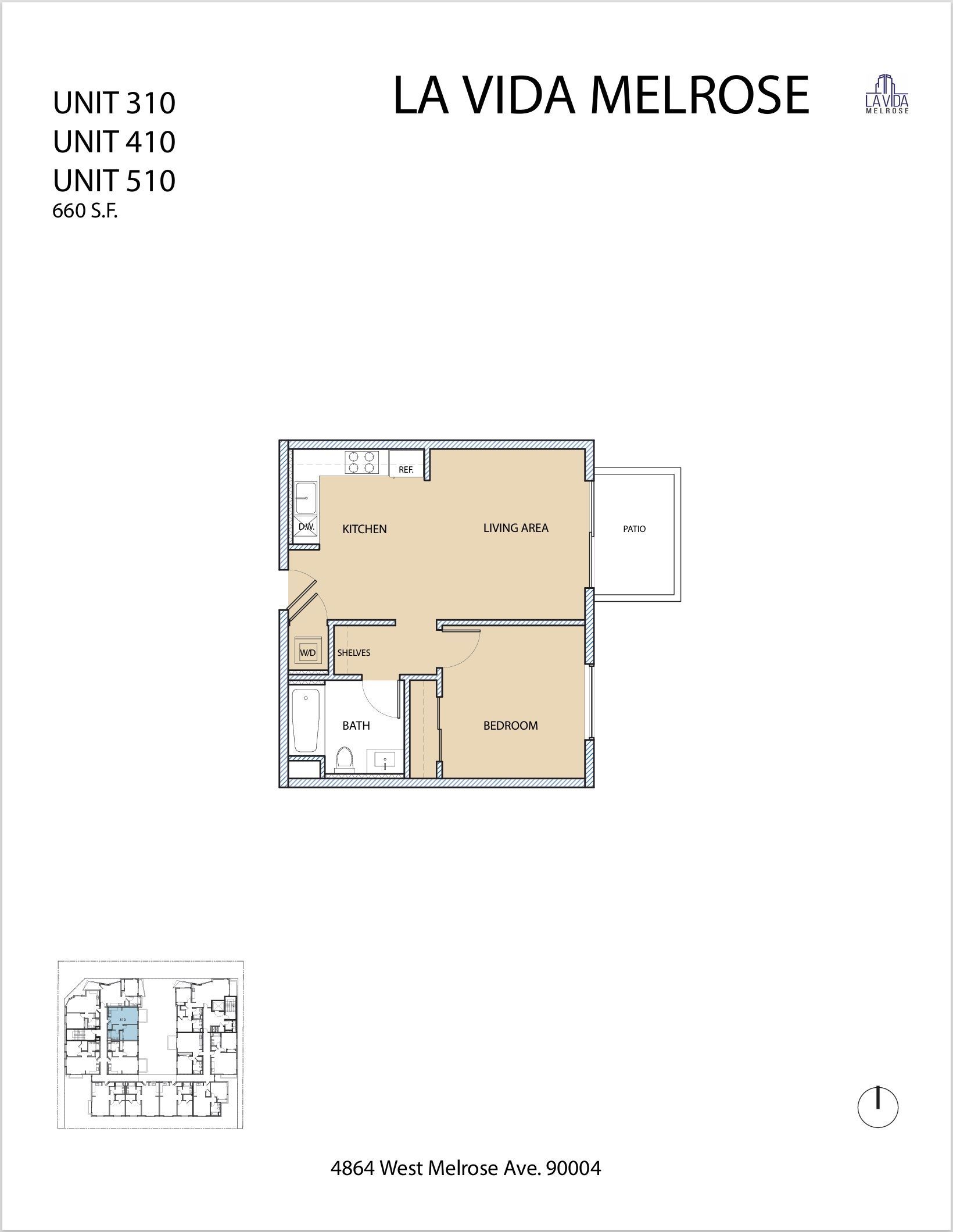Floor plan for unit 410 at La Vida Melrose. Features living spaces, a bedroom, and a patio.