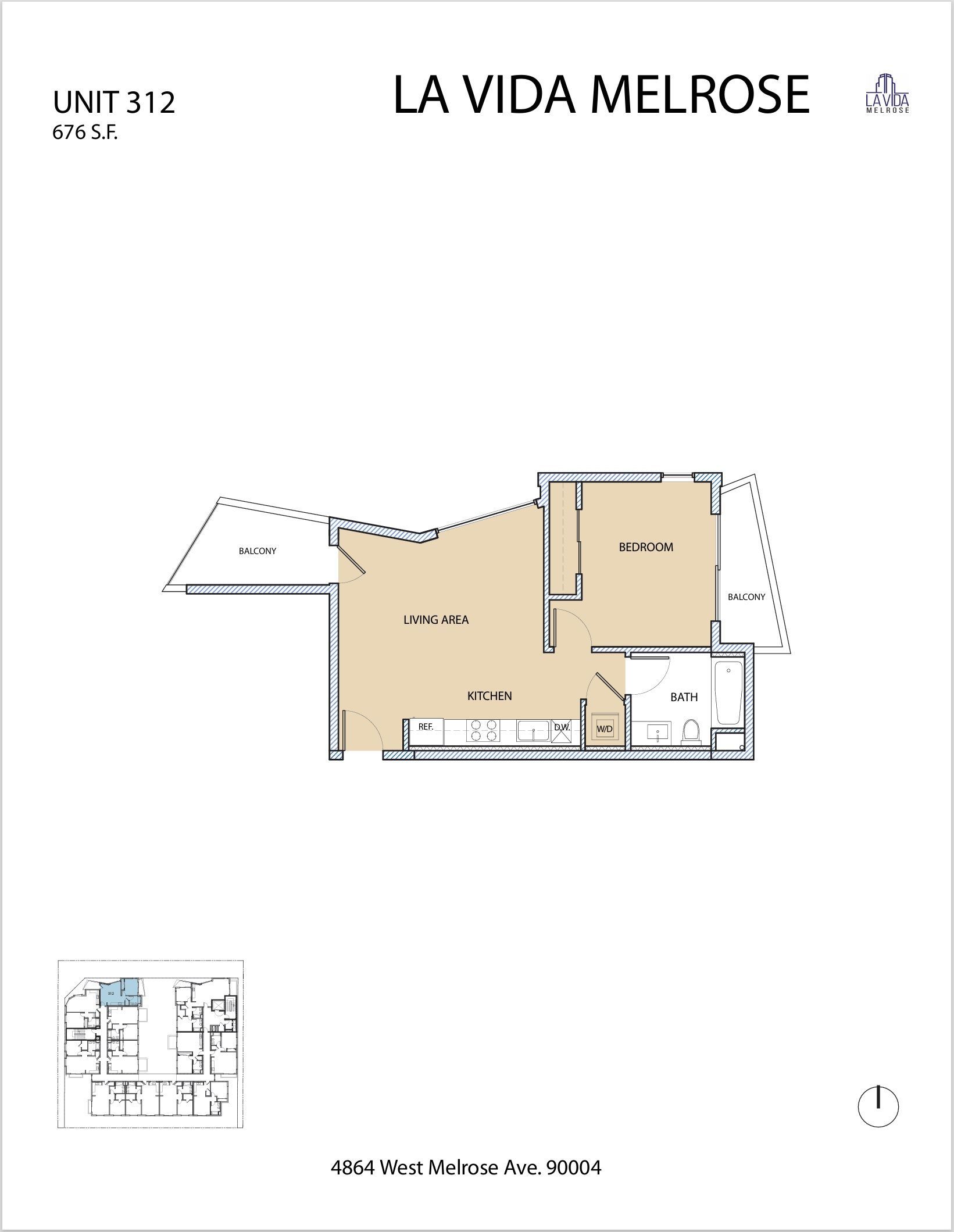 Floor plan of a unit at La Vida Melrose. Beige walls outline a bedroom, kitchen, and balcony.