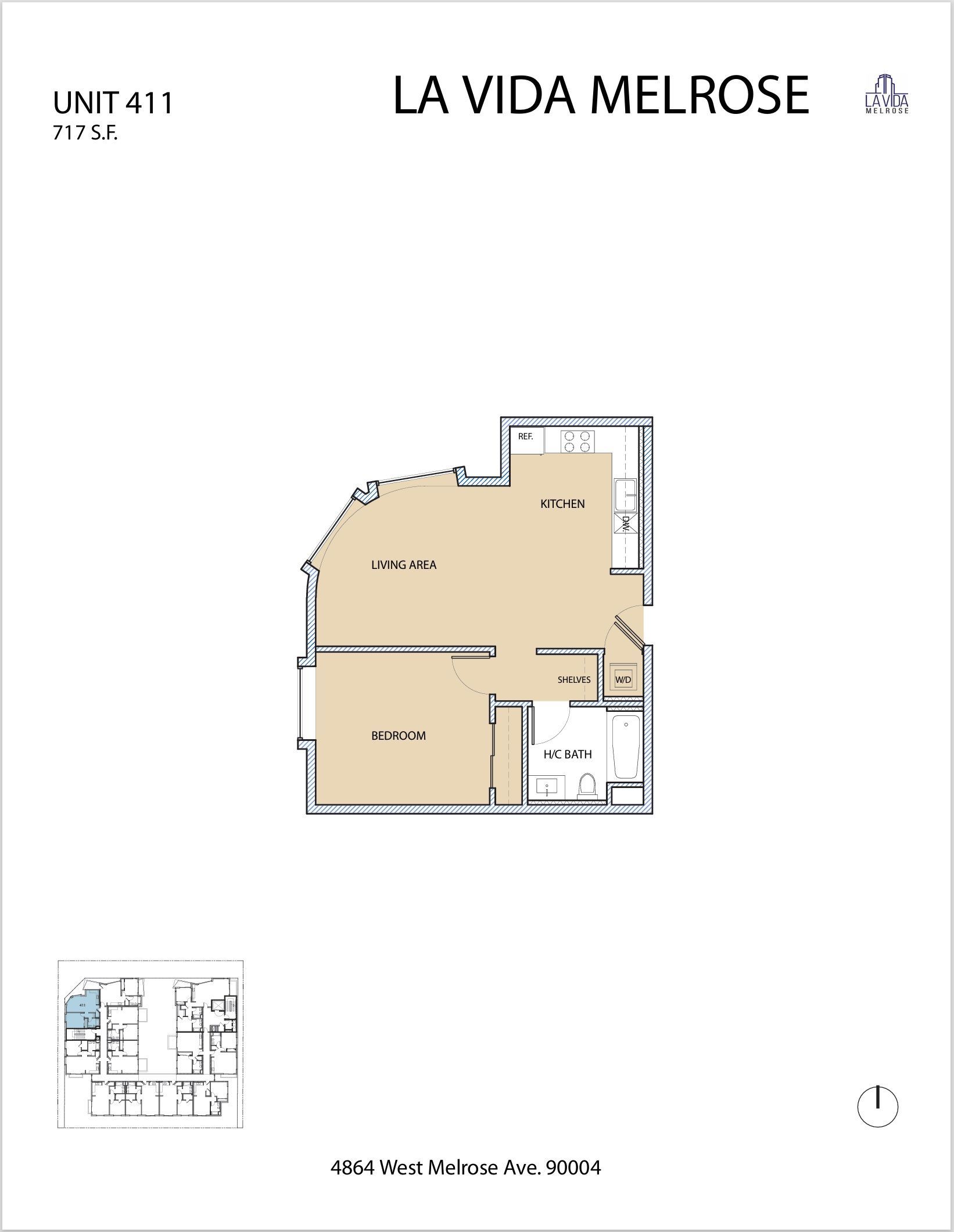 Floor plan for Unit 411 at La Vida Melrose. Beige-colored rooms with labeled spaces and furniture outlines.