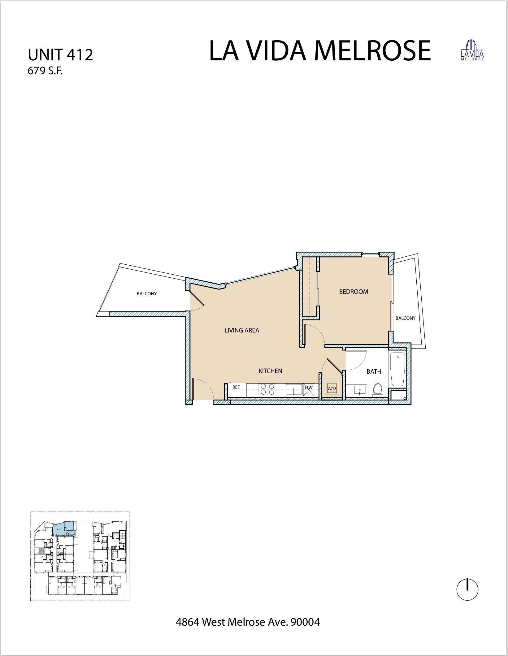 Floor plan of a unit at La Vida Melrose. Rooms include a living area, kitchen, and bathroom.